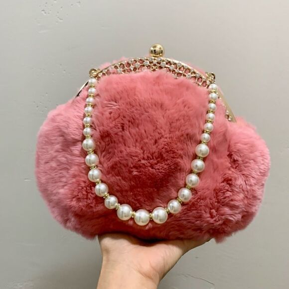 Handmade Real Rex Rabbit Fur Rhinestone Kisslock Wristlet/Crossbody/Evening Bag - Picture 5 of 16